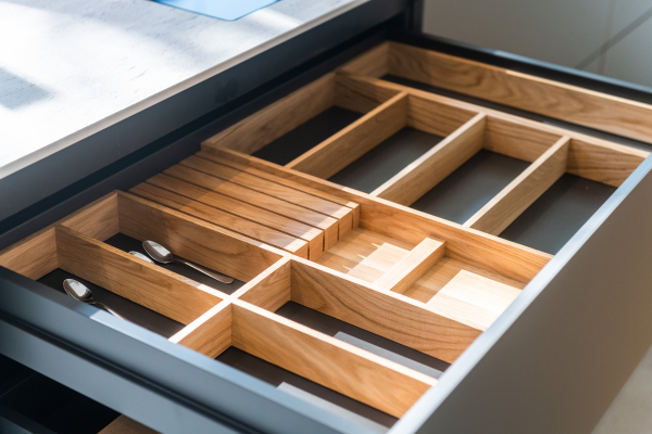 Luxe besteklade met op maat gemaakte houten indeling, perfect voor een georganiseerde keuken